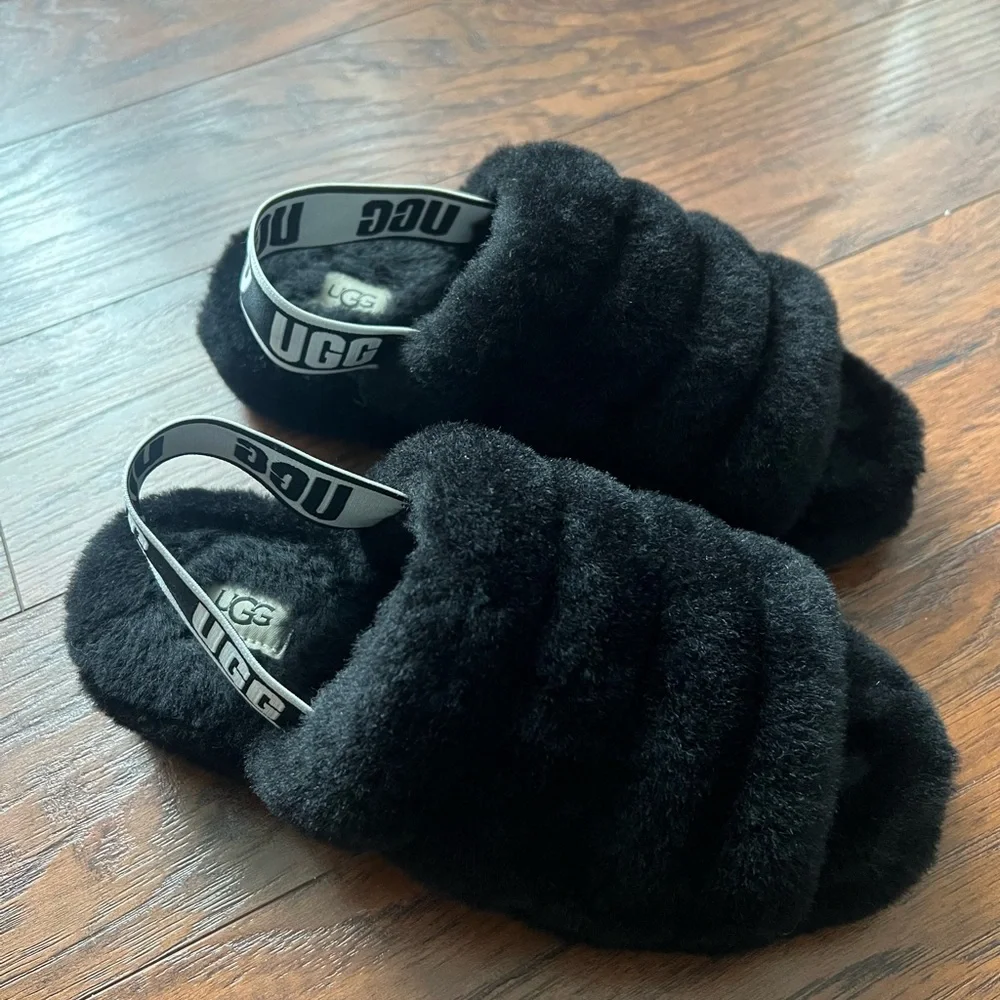 UGG Black Fluffy Slide Slippers - Picture 3 of 4